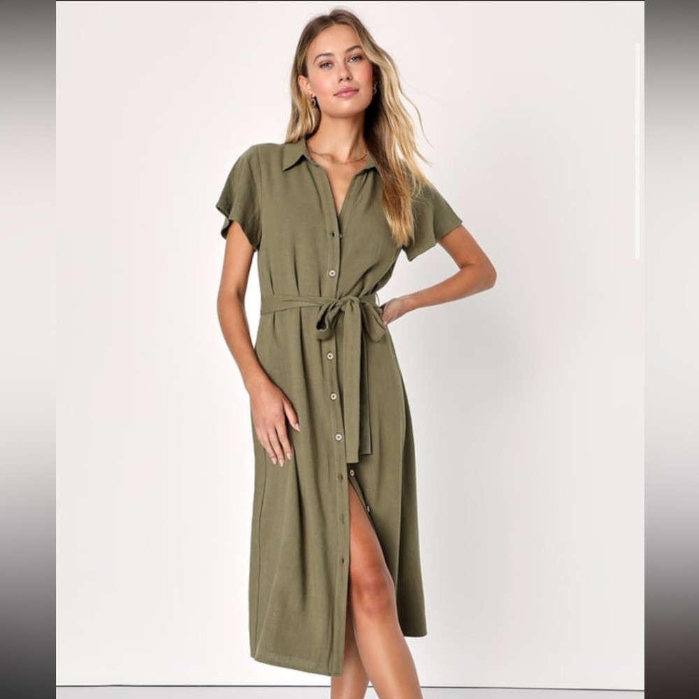 Lulu’s Italian Summer Olive Green Linen Button-Up Dress